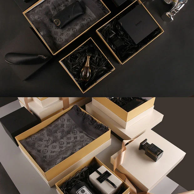 Multi Size Rigid Gift Box Set With Gold Ribbon And Lid